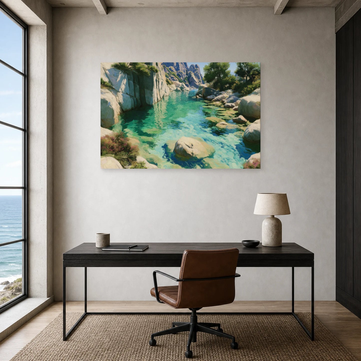Tableau Mer Corse Calanque Turquoise dans un bureau - Art Virtuoso