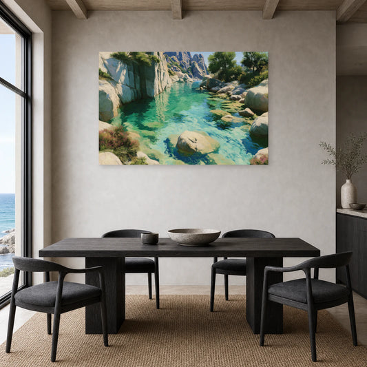 Tableau Mer Corse Calanque Turquoise dans une cuisine - Art Virtuoso