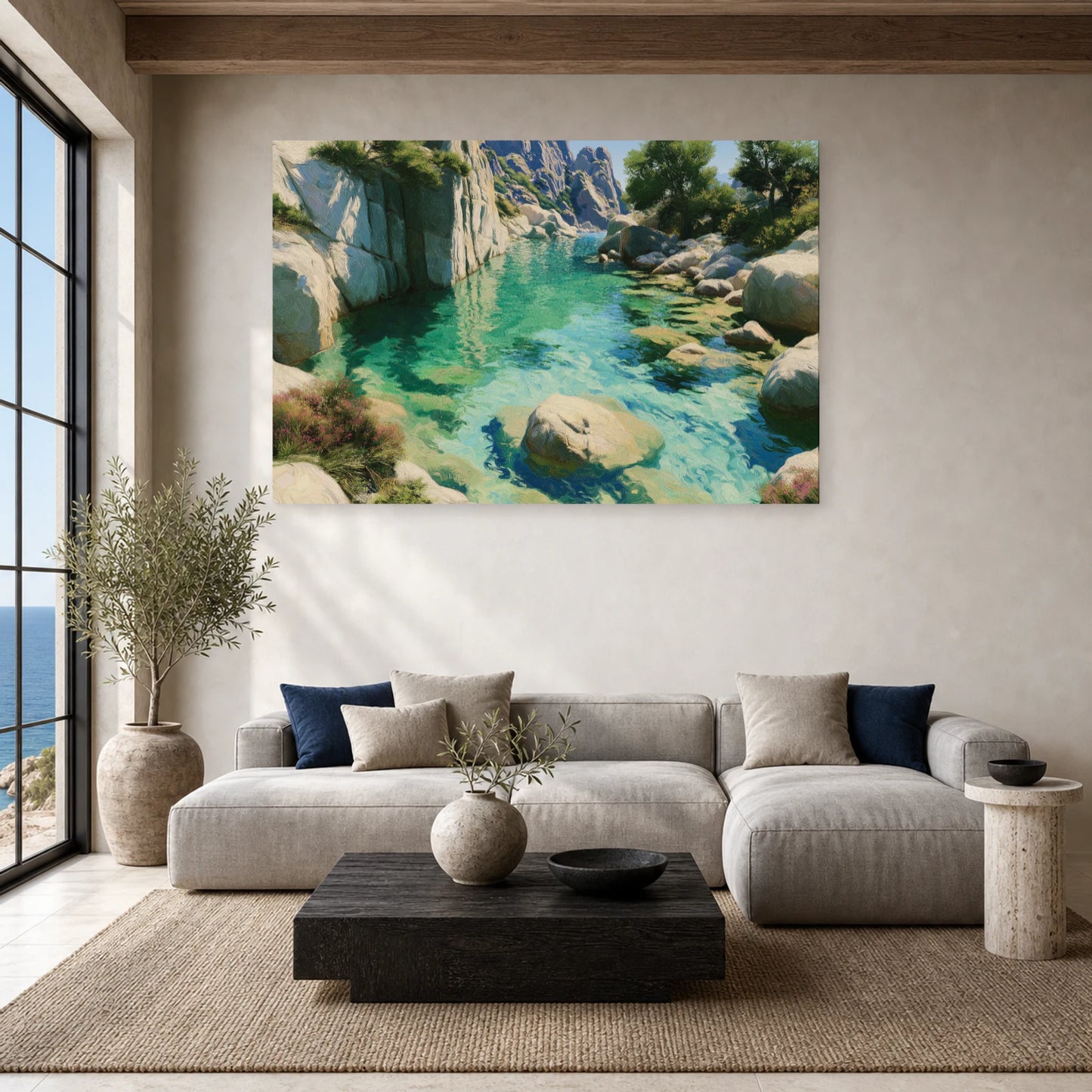 Tableau Mer Corse Calanque Turquoise dans un salon - Art Virtuoso