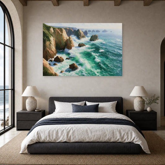 Tableau Mer Cote Emeraude Rochers dans une chambre - Art Virtuoso