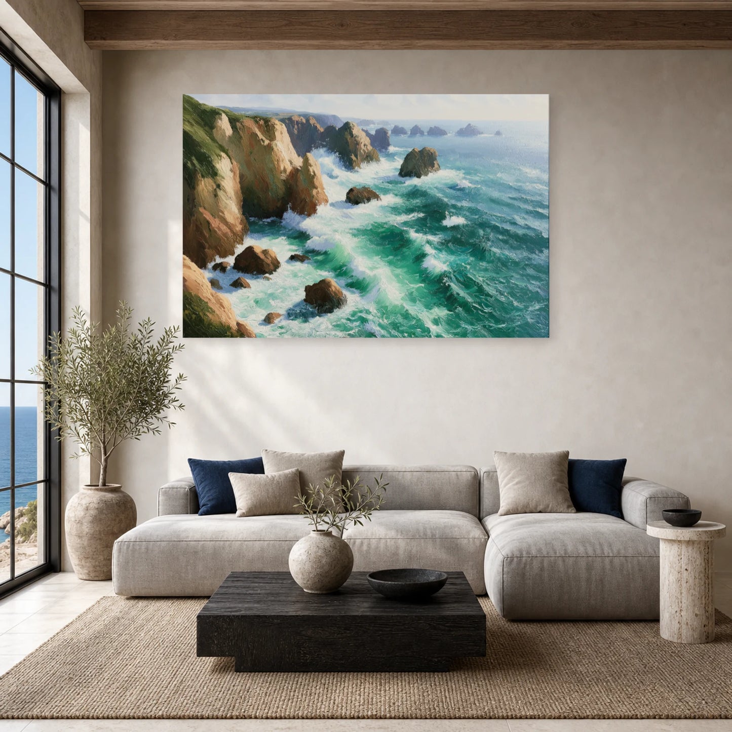 Tableau Mer Cote Emeraude Rochers dans un salon - Art Virtuoso