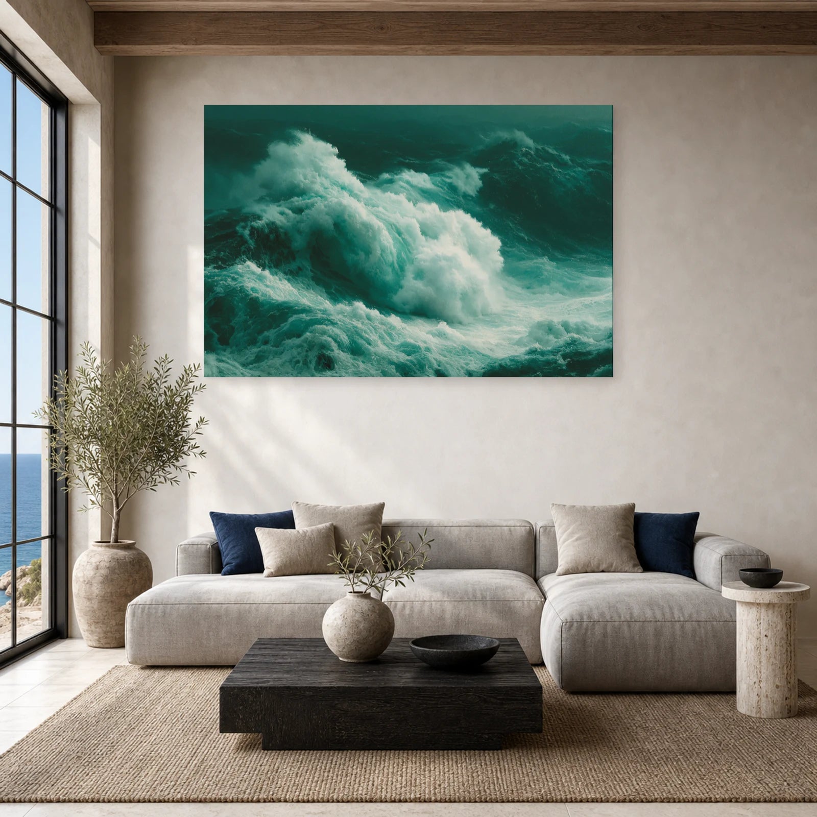 Tableau Mer Dechainee Vague Monumentale dans un salon - Art Virtuoso