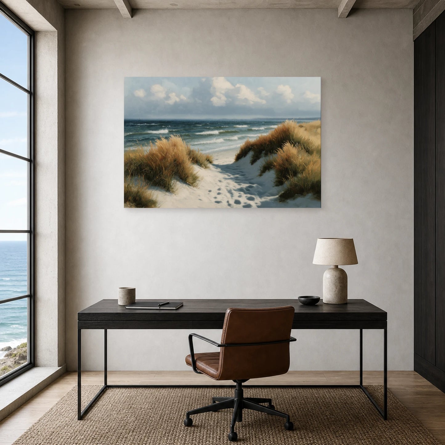 Tableau Mer Du Nord Dunes Grises dans un bureau - Art Virtuoso