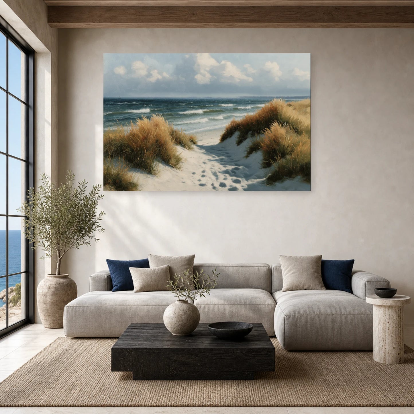 Tableau Mer Du Nord Dunes Grises dans un salon - Art Virtuoso