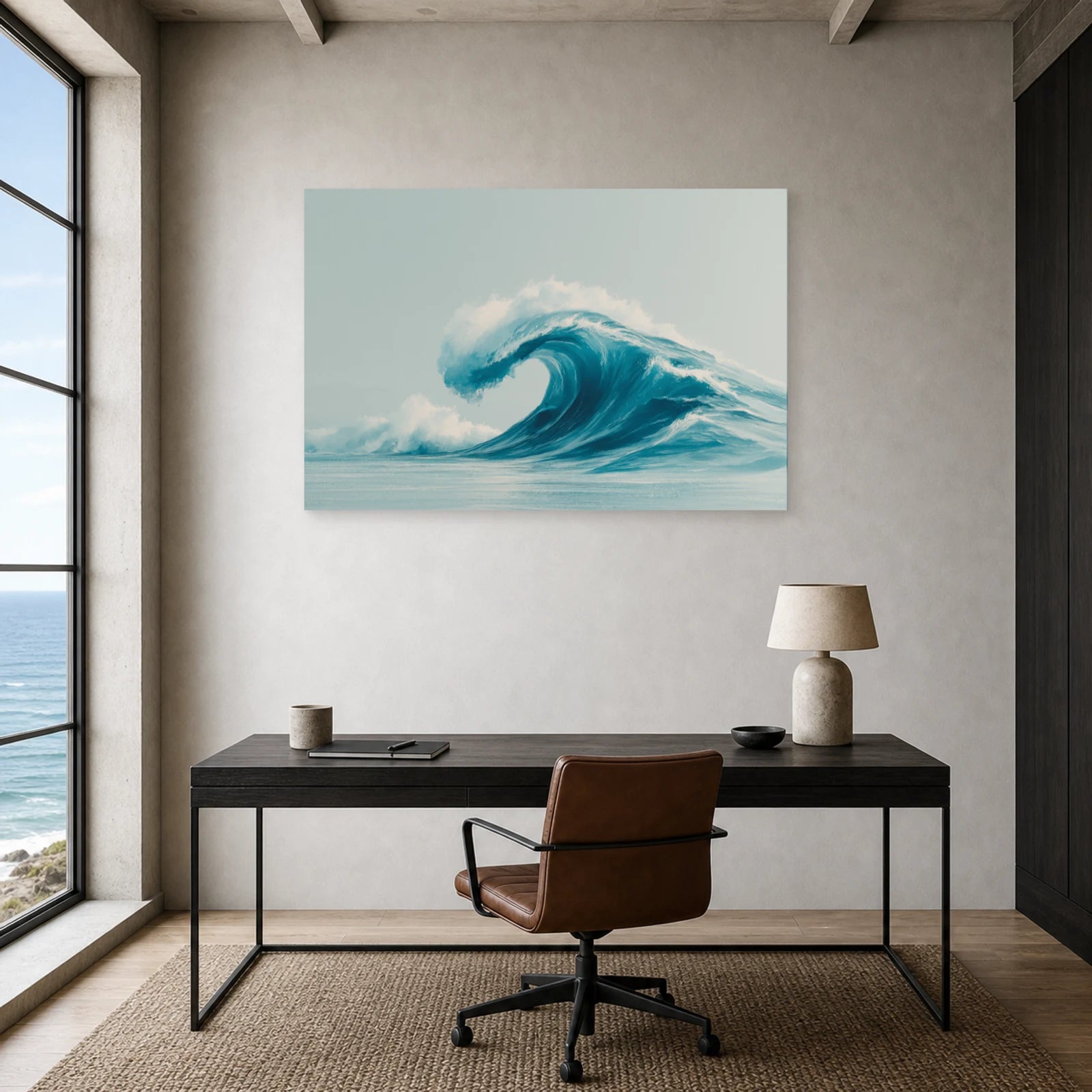 Tableau Mer Japonais Vague Minimalist dans un bureau - Art Virtuoso