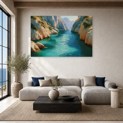 Tableau Mer Mediterranee Calanques dans un salon - Art Virtuoso
