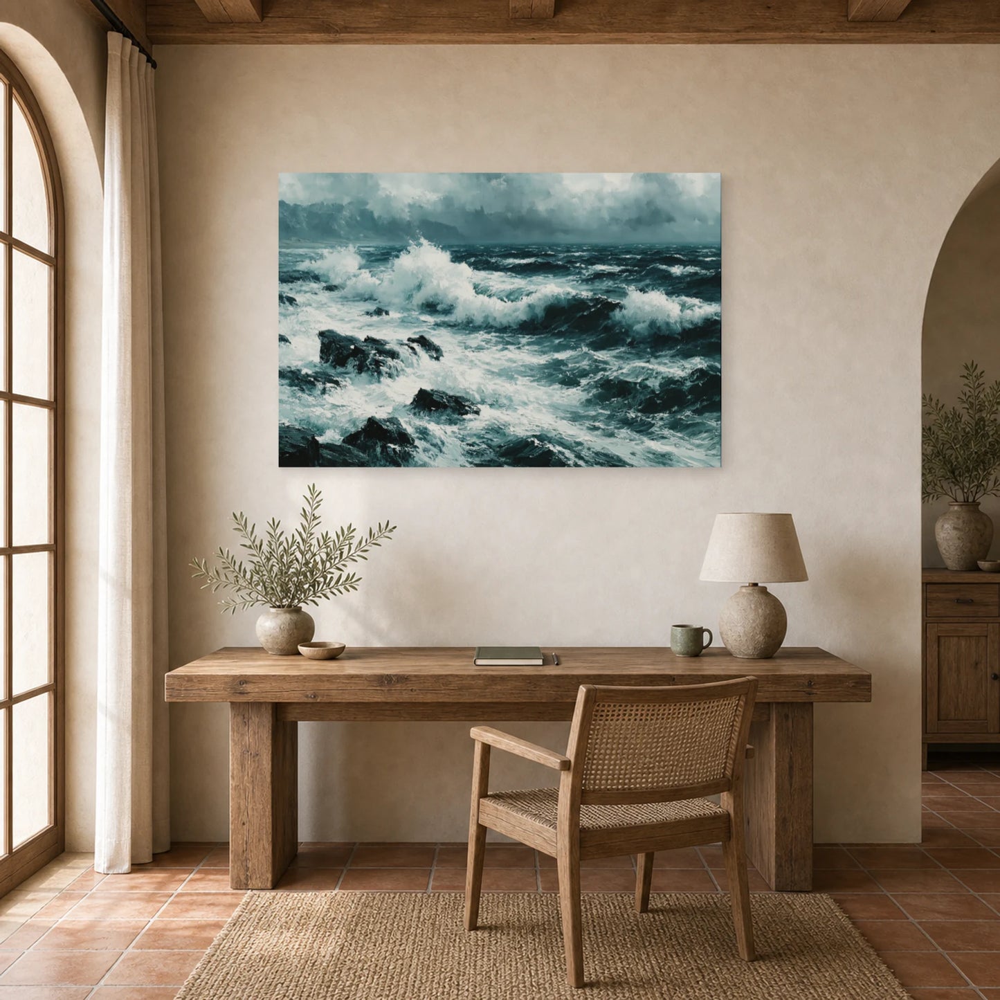 Tableau Mer Noir Blanc Rochers dans un bureau - Art Virtuoso