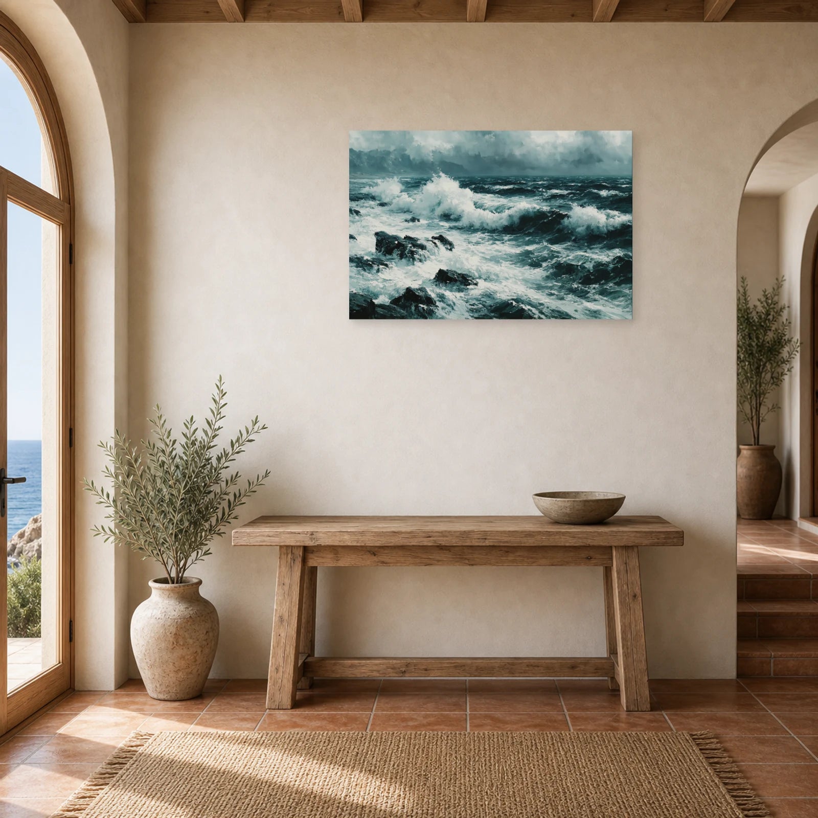 Tableau Mer Noir Blanc Rochers dans une entree ou un couloir - Art Virtuoso