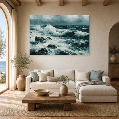 Tableau Mer Noir Blanc Rochers dans un salon - Art Virtuoso