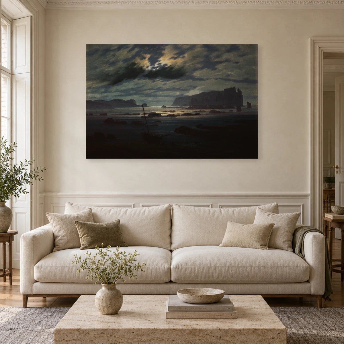 Tableau Mer du Nord au clair de lune de Friedrich dans un salon - Art Virtuoso