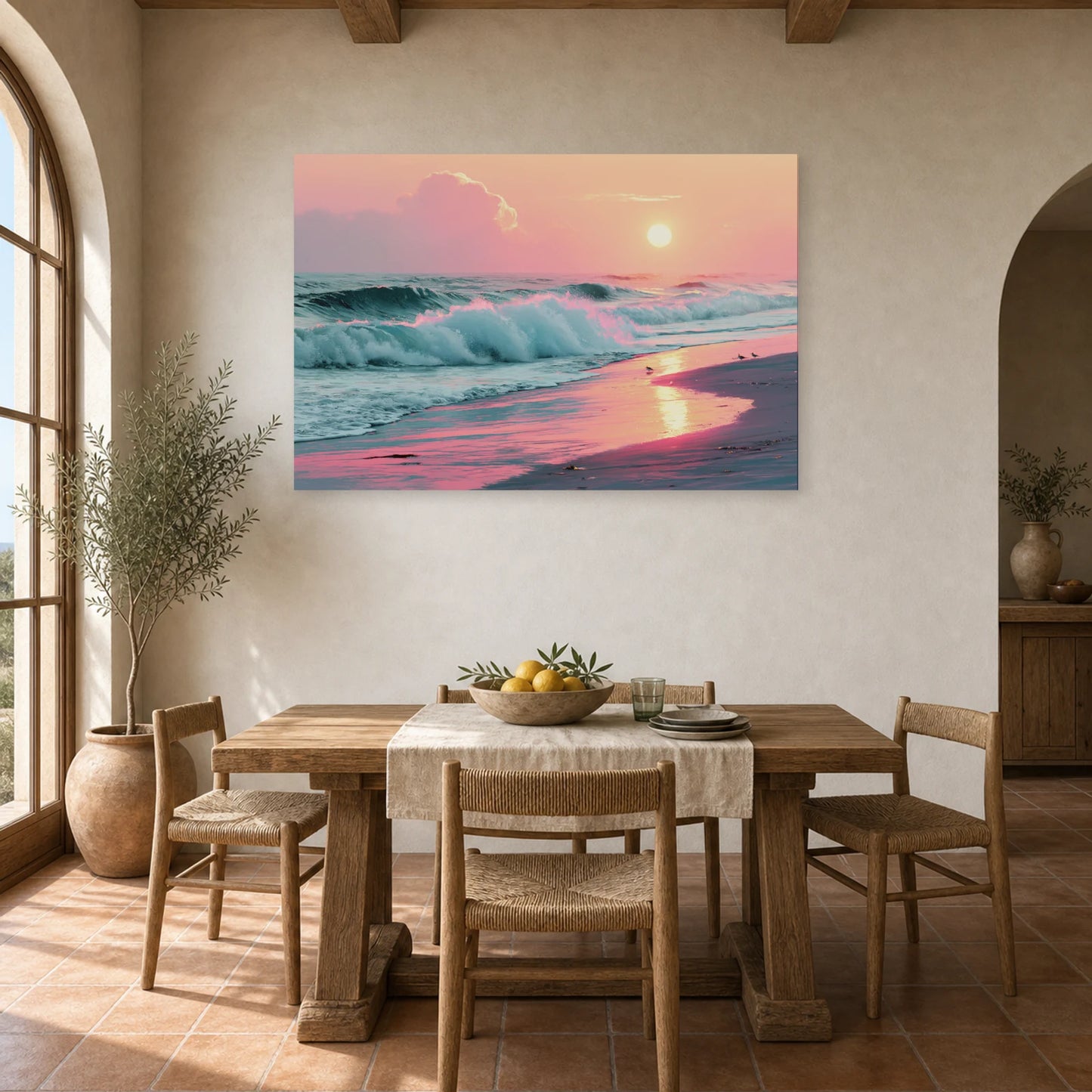 Tableau Mer Plage Coucher Soleil Pastel dans une cuisine - Art Virtuoso