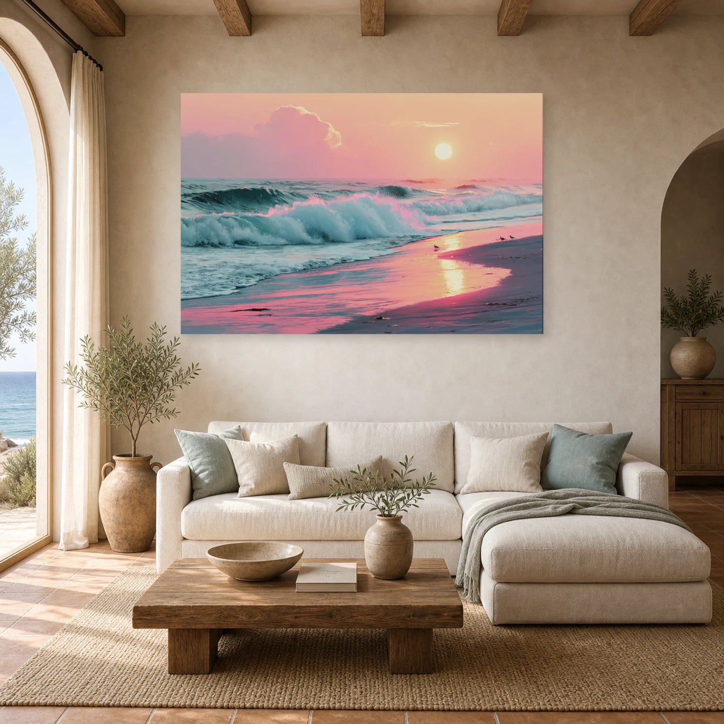 Tableau Mer Plage Coucher Soleil Pastel dans un salon - Art Virtuoso