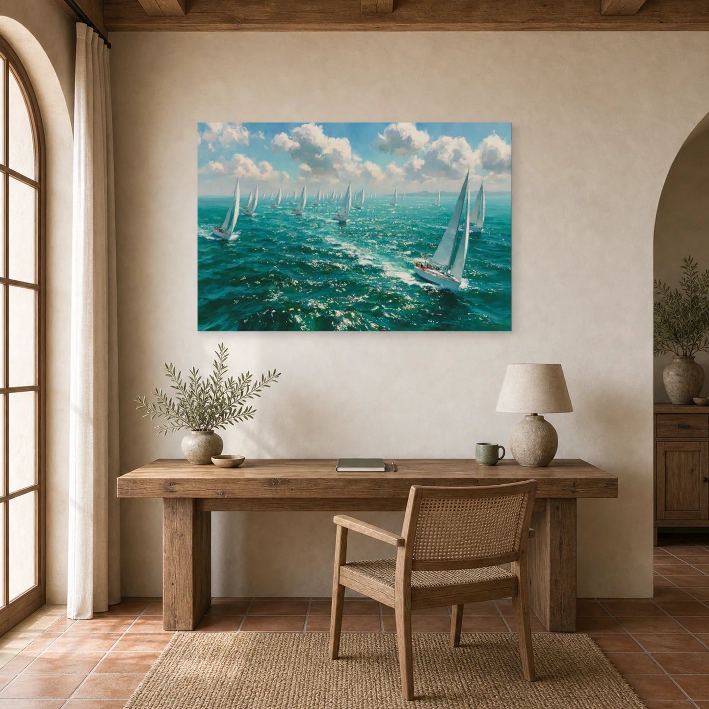 Tableau Mer Regate Voiles Blanches dans un bureau - Art Virtuoso