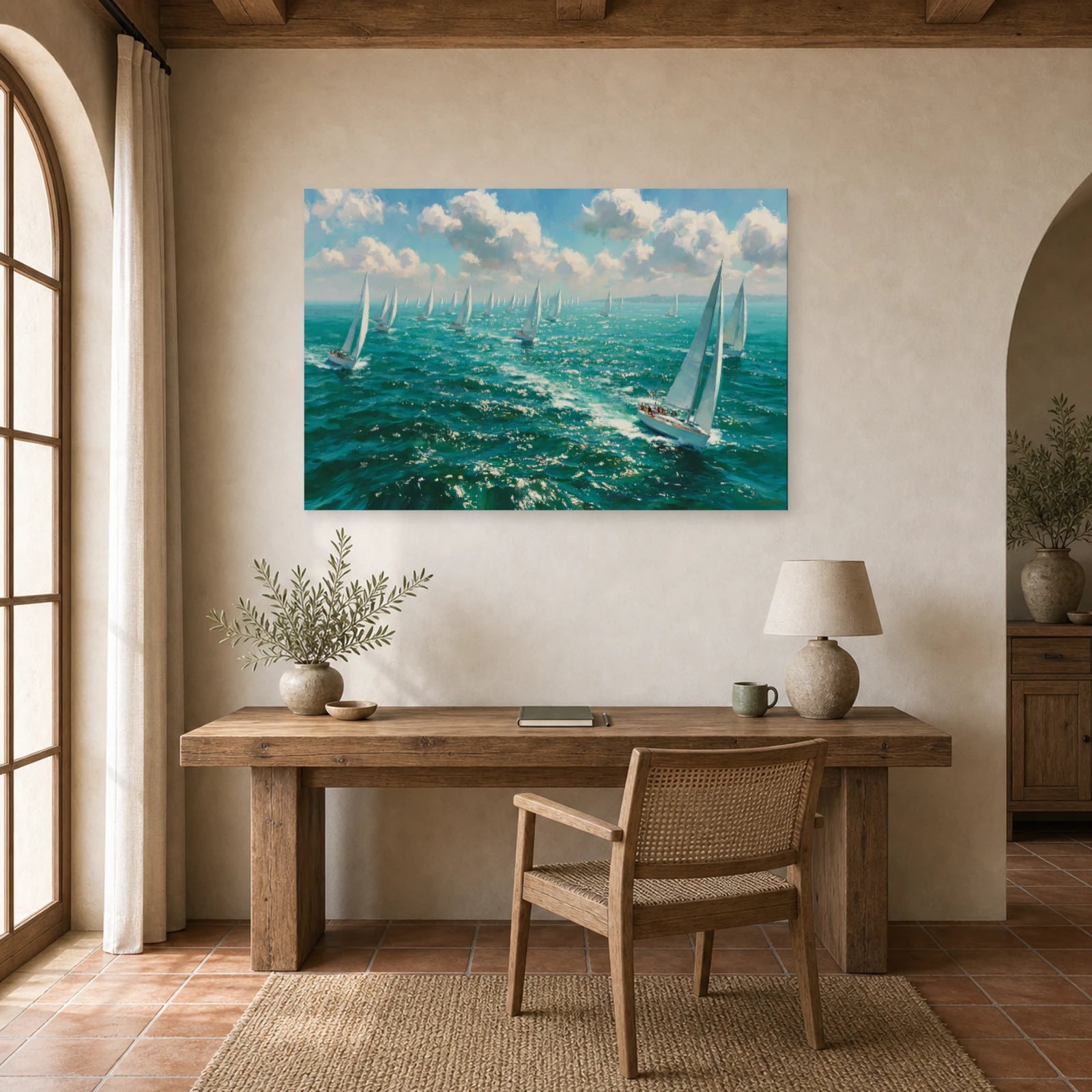 Tableau Mer Regate Voiles Blanches dans un bureau - Art Virtuoso