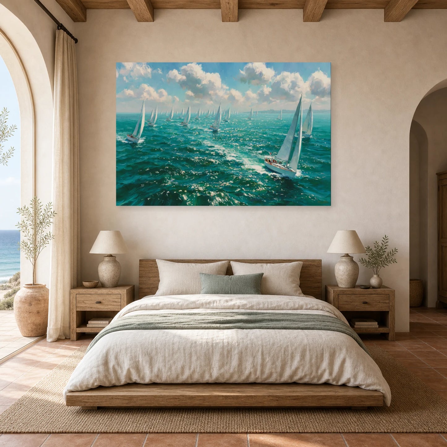 Tableau Mer Regate Voiles Blanches dans une chambre - Art Virtuoso