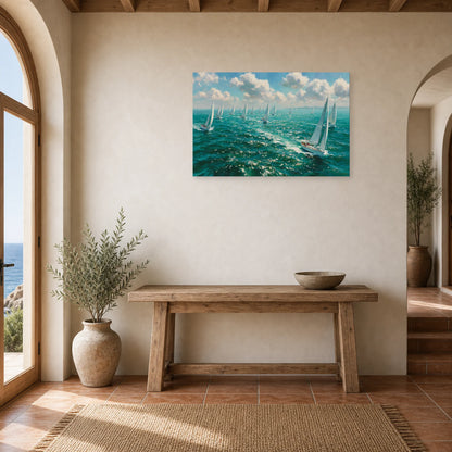 Tableau Mer Regate Voiles Blanches dans une entree ou un couloir - Art Virtuoso