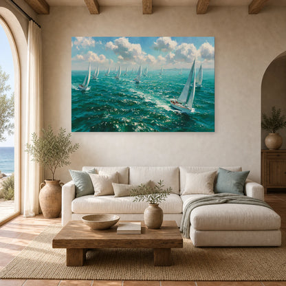 Tableau Mer Regate Voiles Blanches dans un salon - Art Virtuoso
