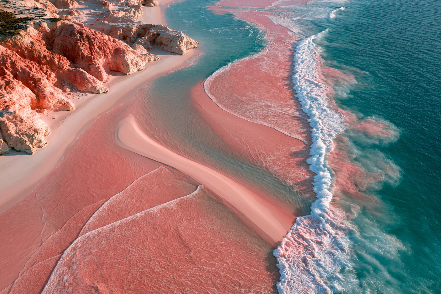Tableau Mer Rose, une côte vue du ciel où l’eau et l’écume prennent des nuances roses, format M - Art Virtuoso