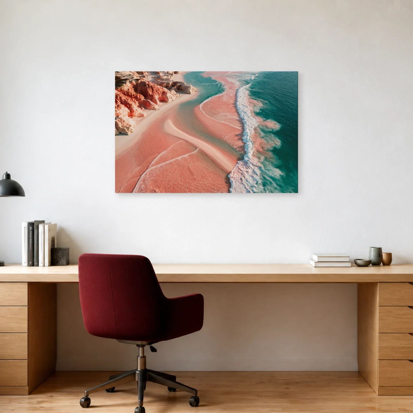 Tableau Mer Rose présenté dans un bureau - Art Virtuoso