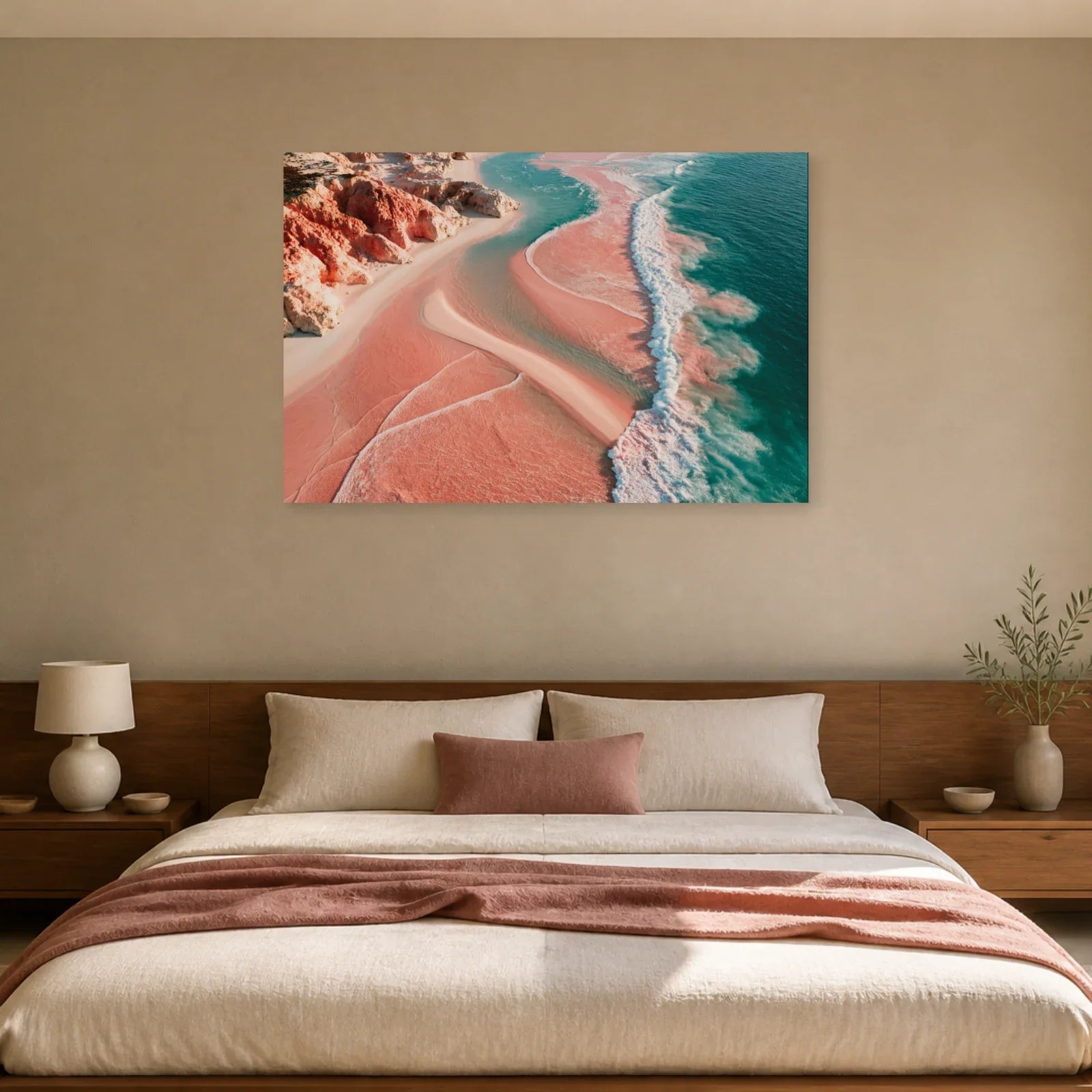 Tableau Mer Rose présenté dans une chambre - Art Virtuoso