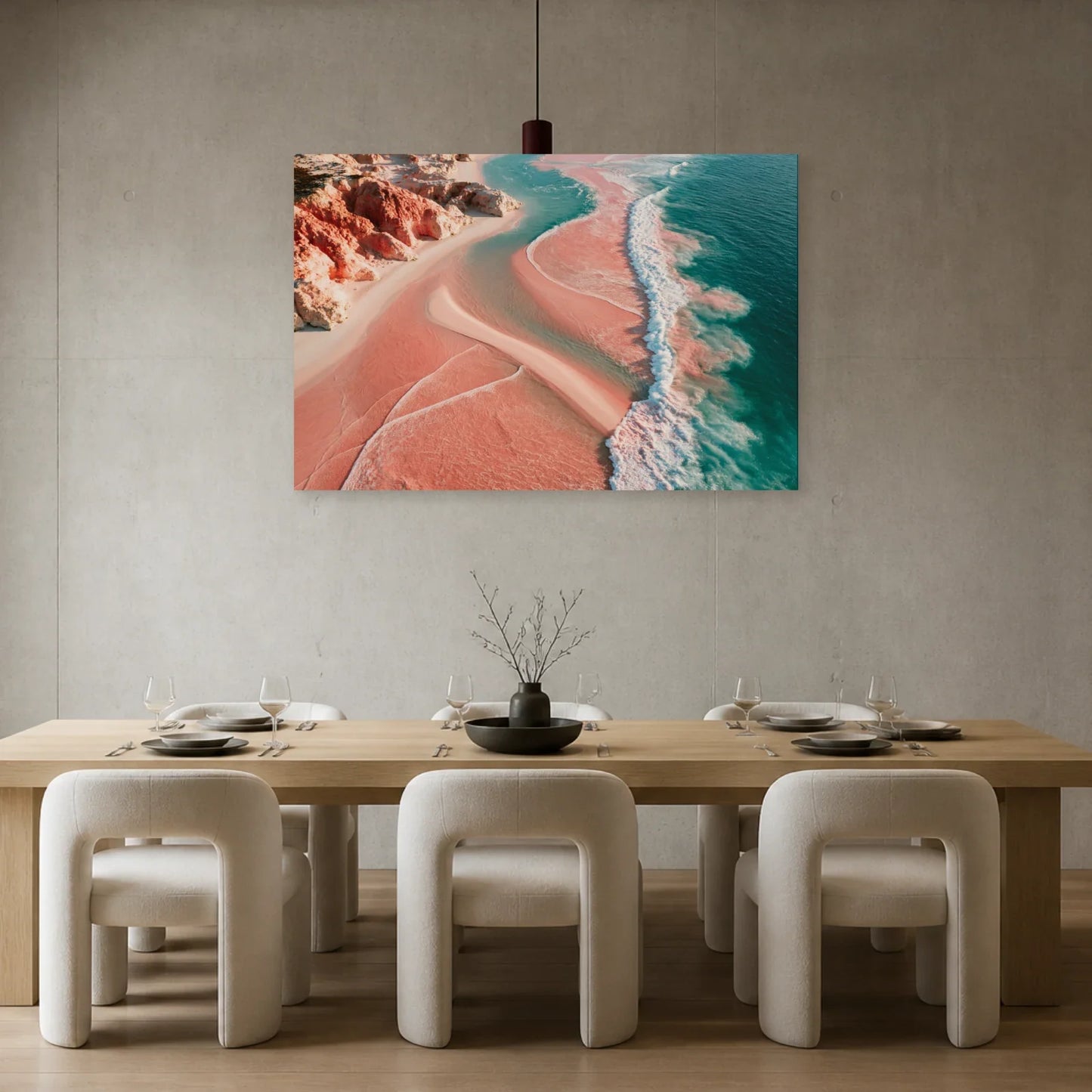 Tableau Mer Rose présenté dans une salle à manger - Art Virtuoso