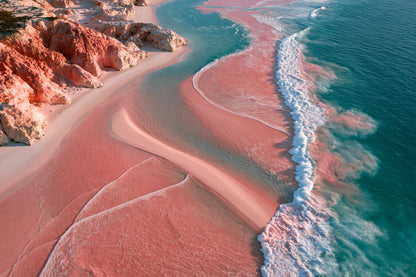Tableau Mer Rose, une côte vue du ciel où l’eau et l’écume prennent des nuances roses, format S - Art Virtuoso