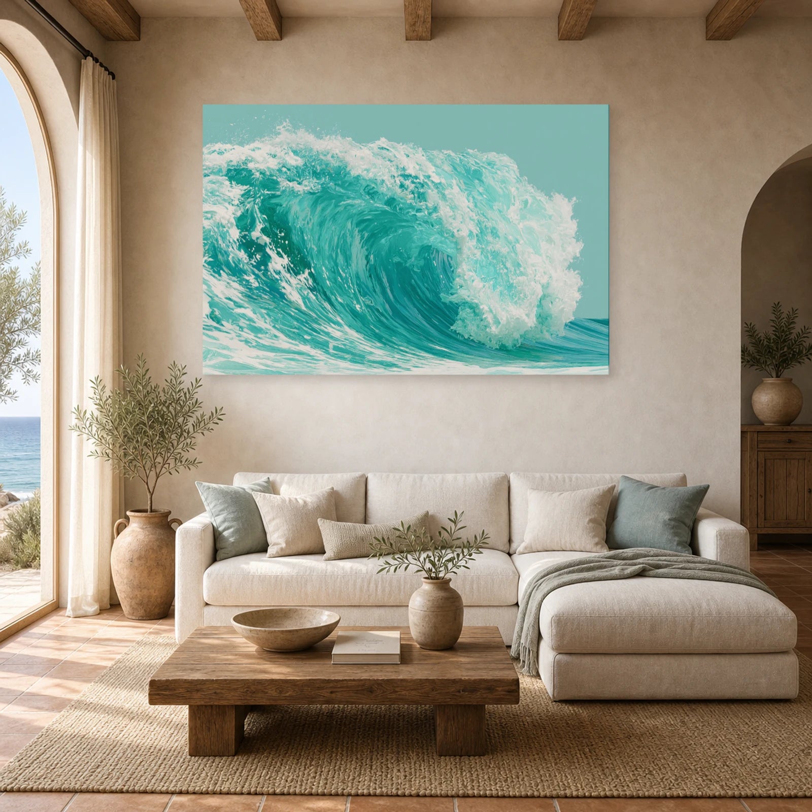 Tableau Mer Turquoise Vague Graphique dans un salon - Art Virtuoso