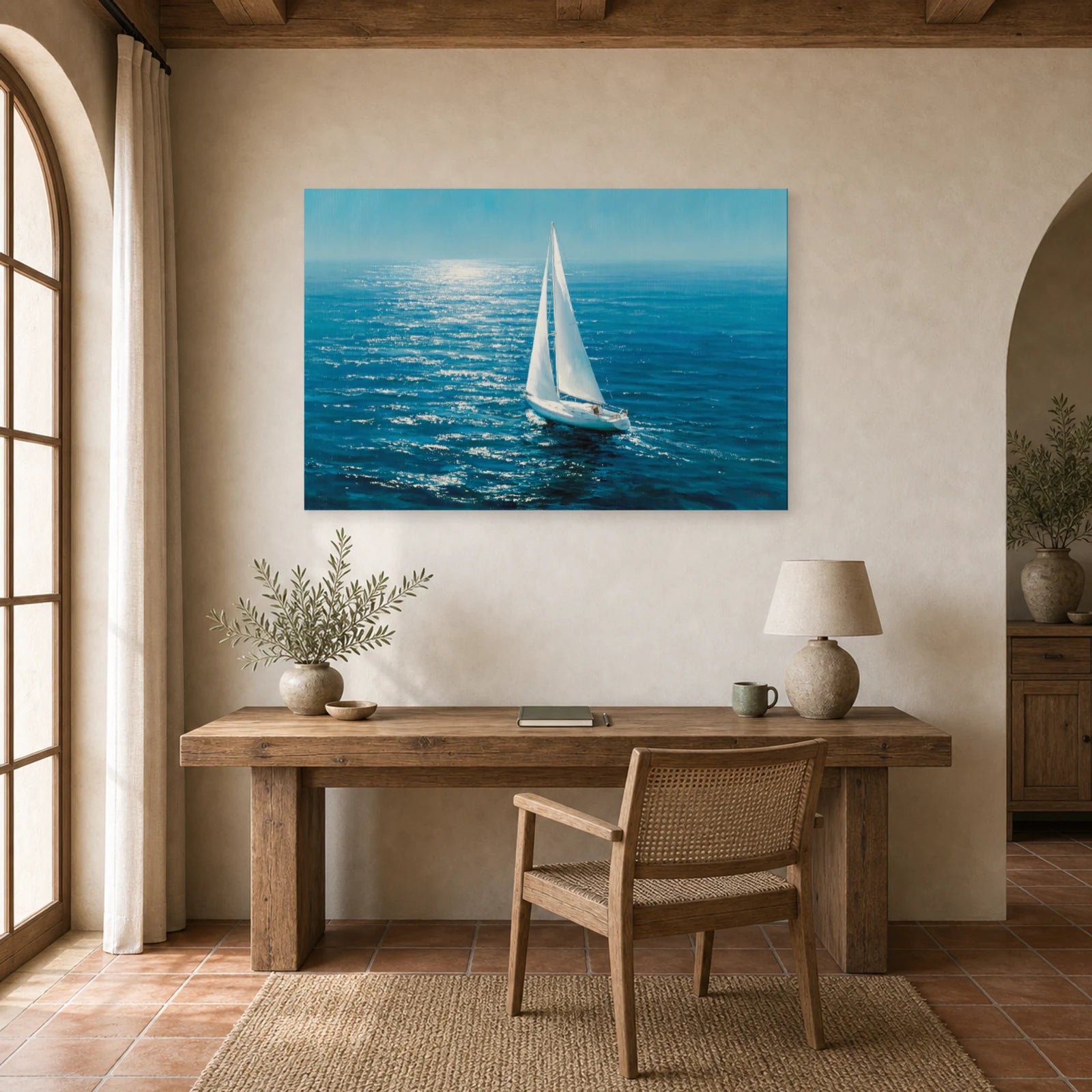 Tableau Mer Voilier Blanc Horizon dans un bureau - Art Virtuoso