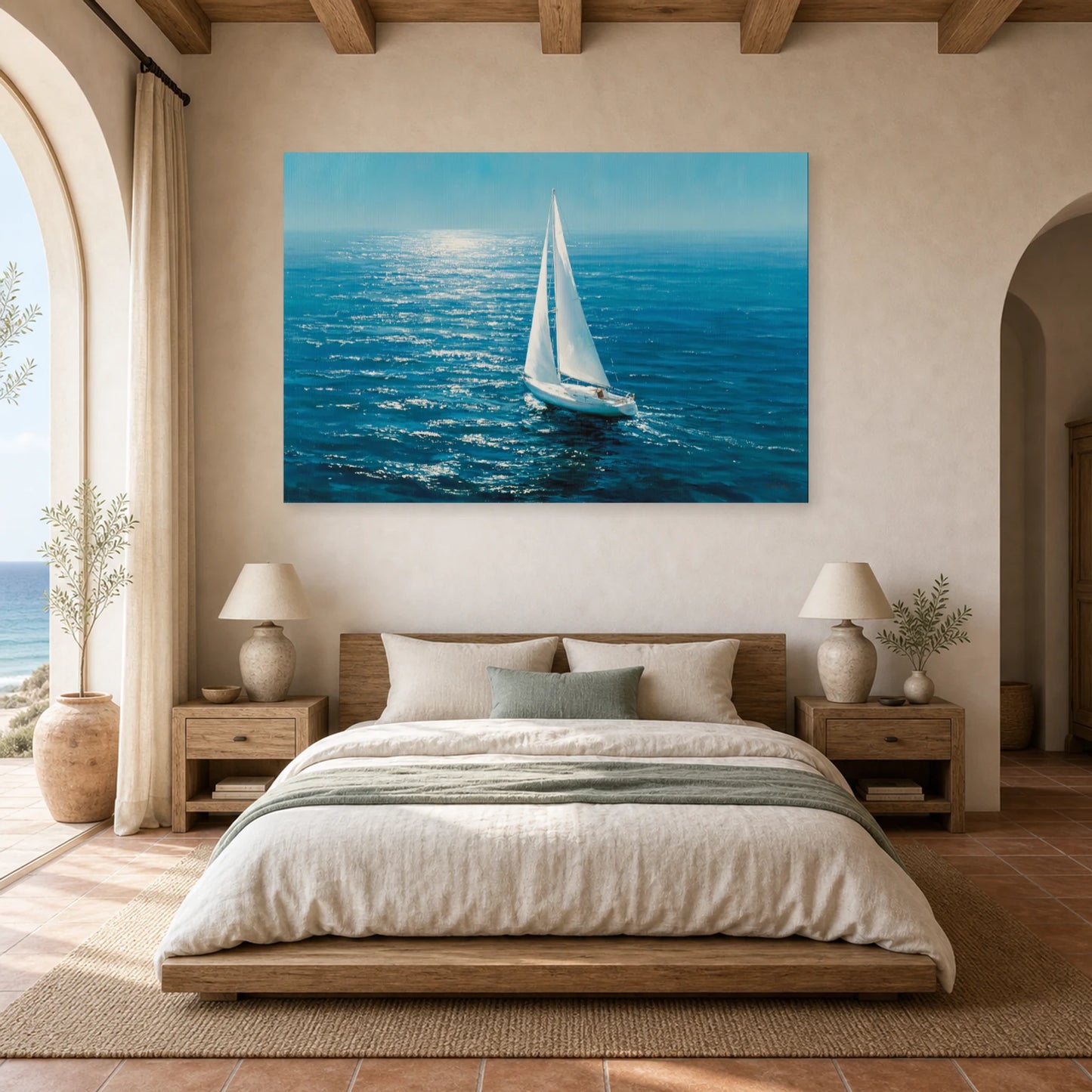 Tableau Mer Voilier Blanc Horizon dans une chambre - Art Virtuoso