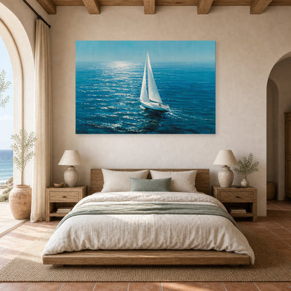 Tableau Mer Voilier Blanc Horizon dans une chambre - Art Virtuoso