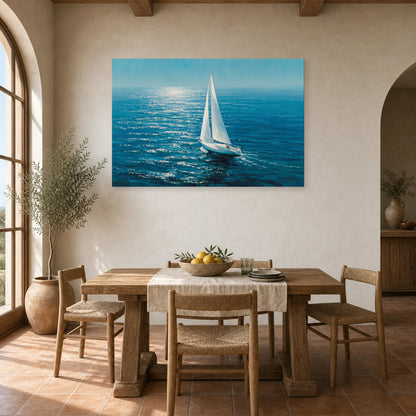 Tableau Mer Voilier Blanc Horizon dans une cuisine - Art Virtuoso