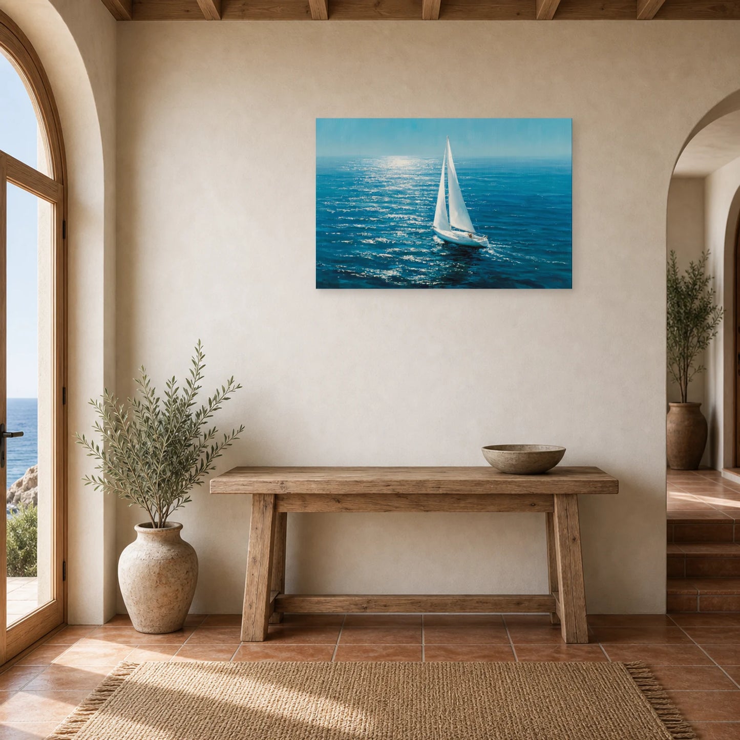 Tableau Mer Voilier Blanc Horizon dans une entree ou un couloir - Art Virtuoso