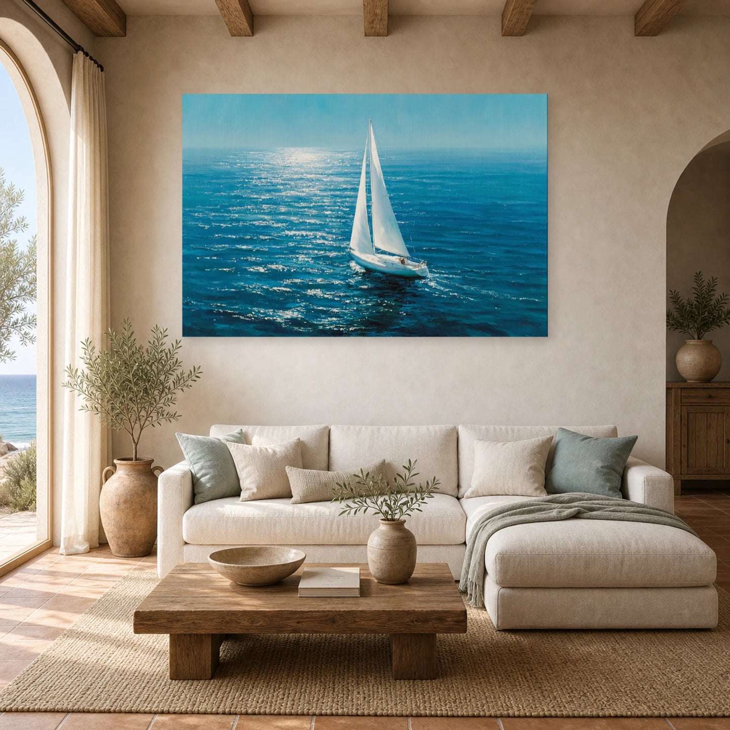 Tableau Mer Voilier Blanc Horizon dans un salon - Art Virtuoso