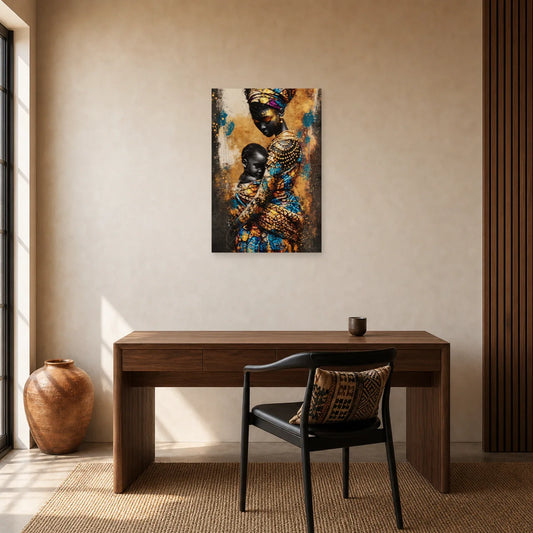 Tableau Mère Africaine Enfant Wax dans un bureau - Art Virtuoso