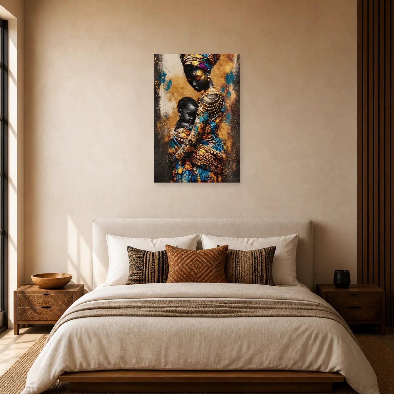 Tableau Mère Africaine Enfant Wax dans une chambre - Art Virtuoso