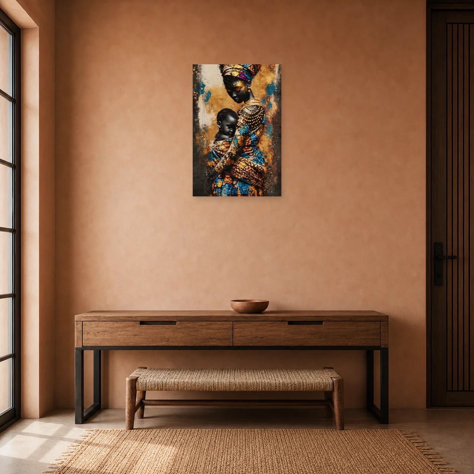 Tableau Mère Africaine Enfant Wax dans une entrée ou un couloir - Art Virtuoso