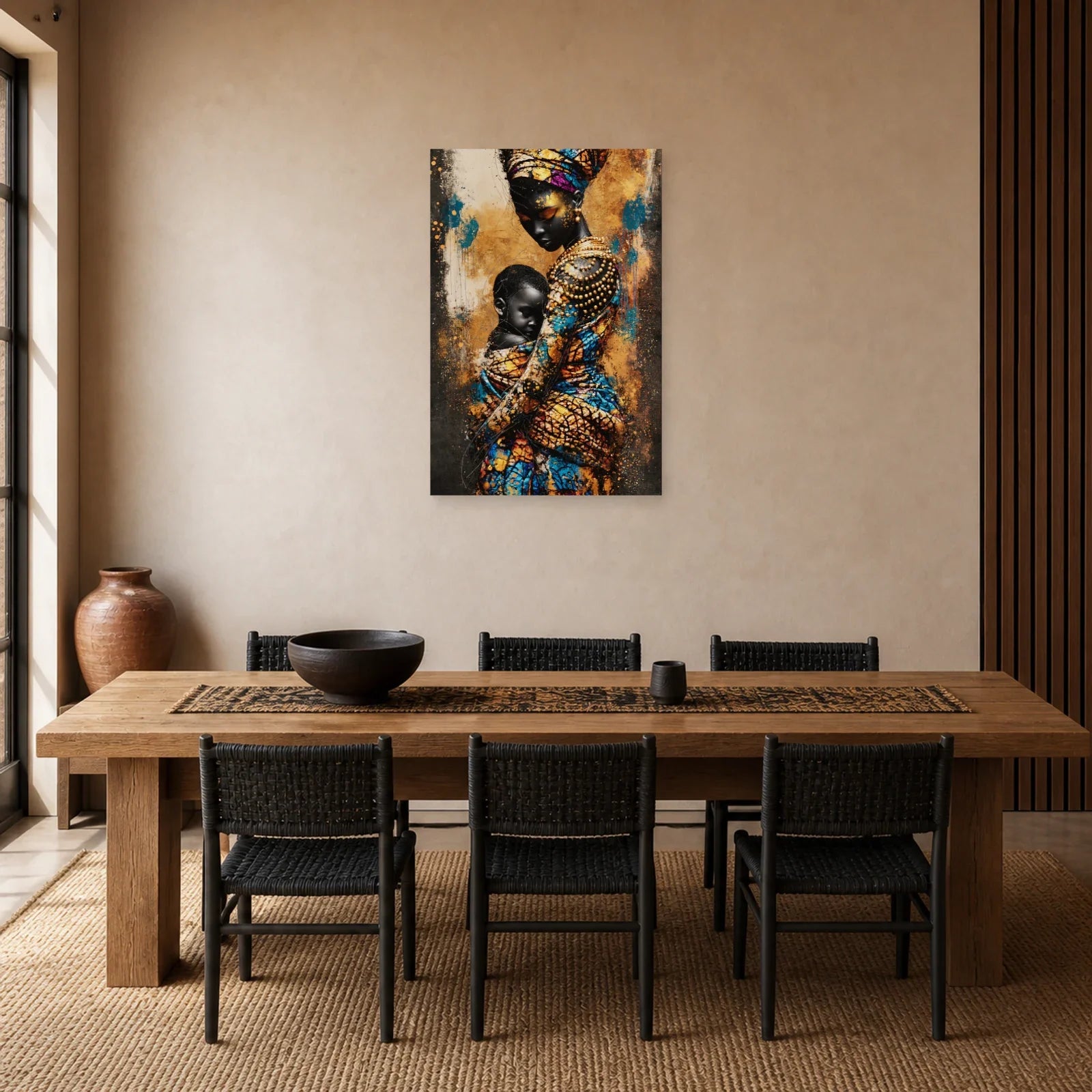 Tableau Mère Africaine Enfant Wax dans une salle à manger - Art Virtuoso