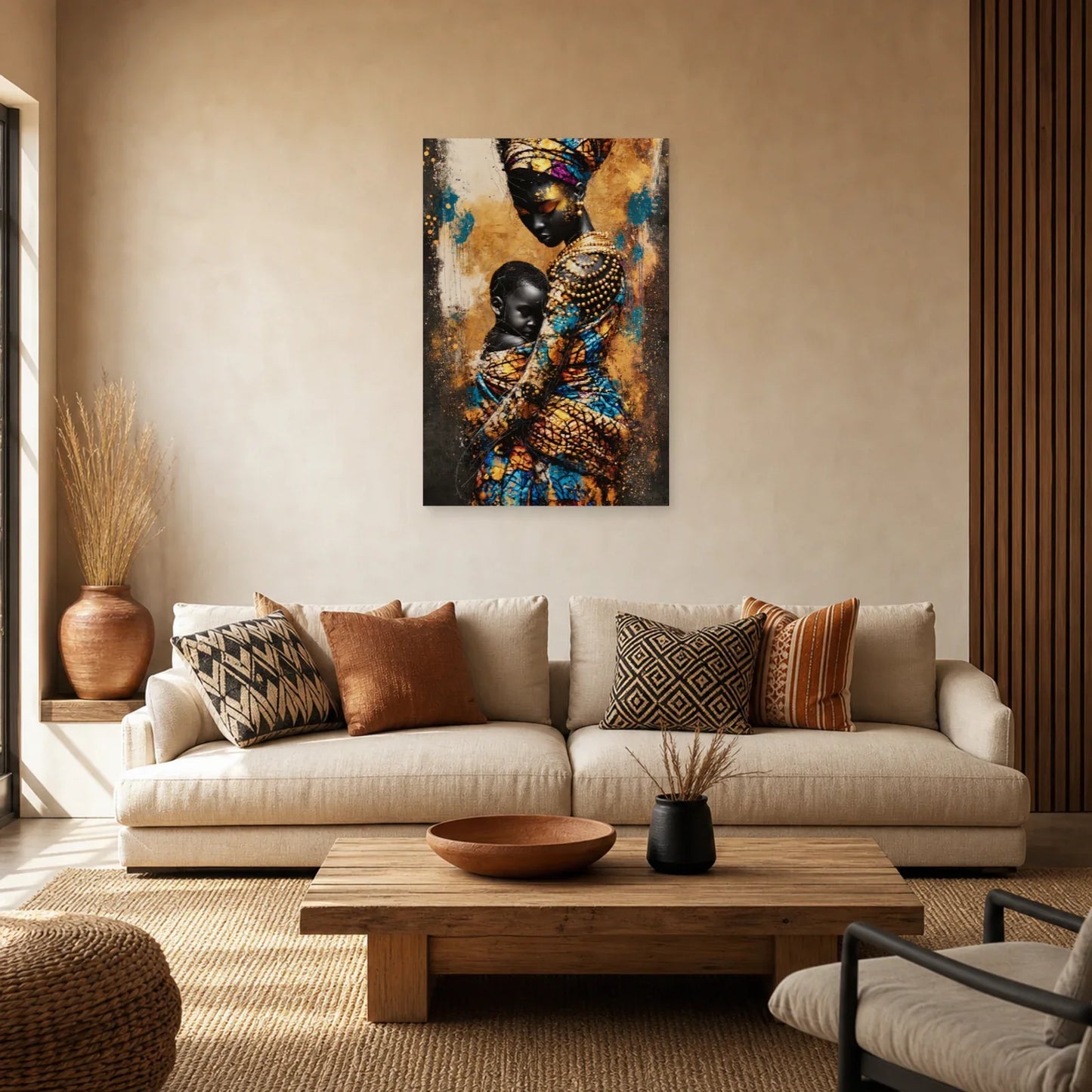 Tableau Mère Africaine Enfant Wax dans un salon - Art Virtuoso