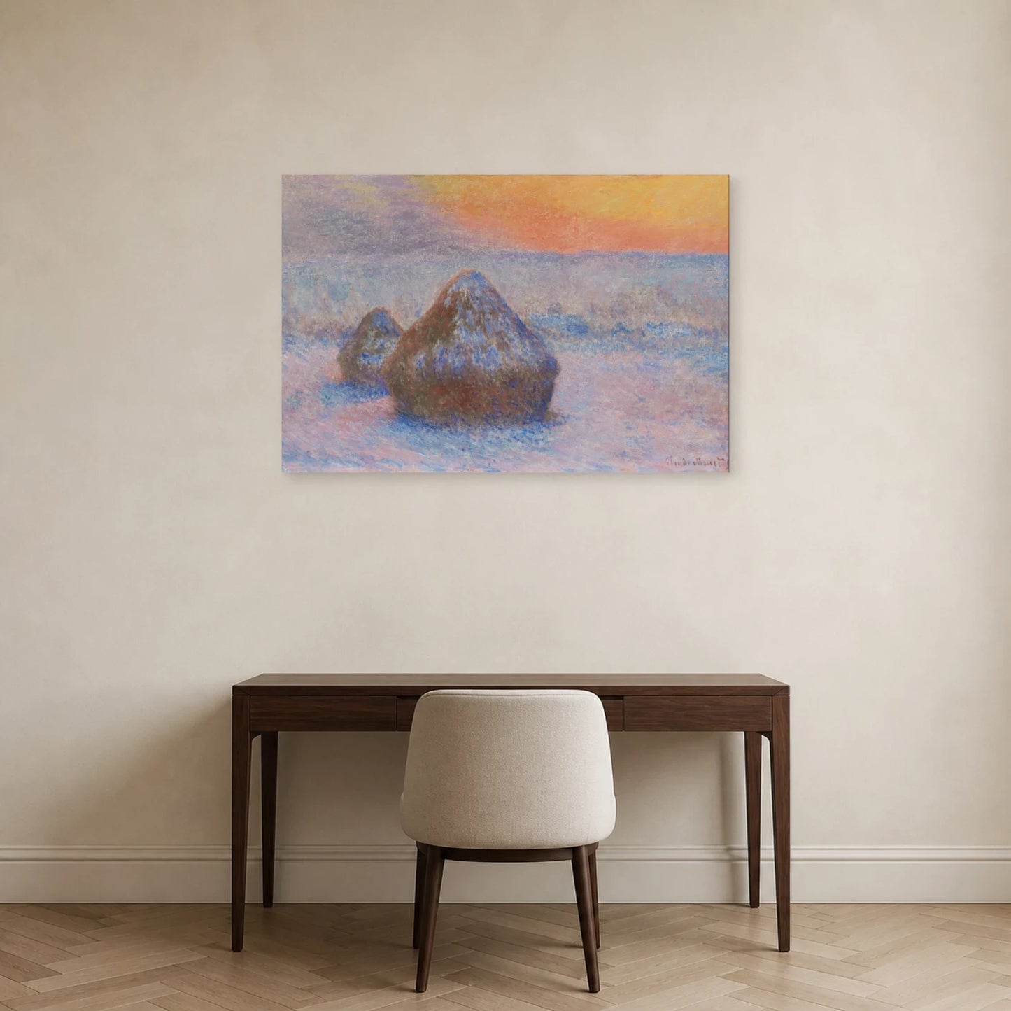Tableau Meules, effet de neige, soleil couchant – Monet dans un bureau - Art Virtuoso