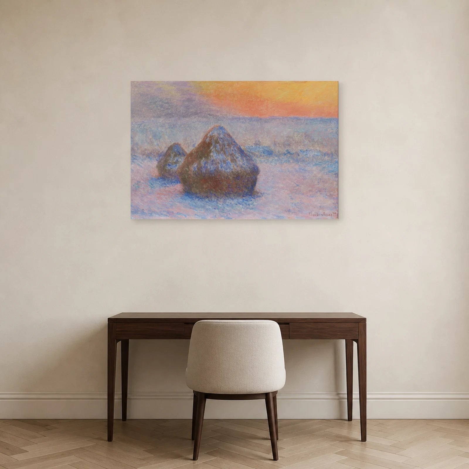 Tableau Meules, effet de neige, soleil couchant – Monet dans un bureau - Art Virtuoso