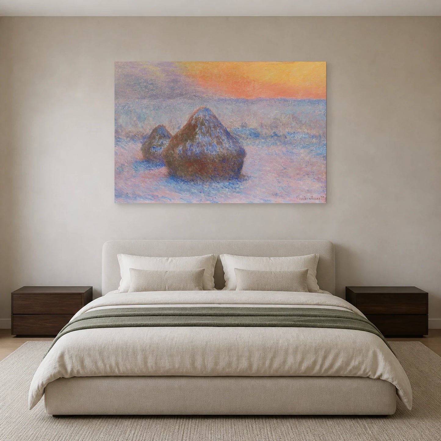 Tableau Meules, effet de neige, soleil couchant – Monet dans une chambre - Art Virtuoso