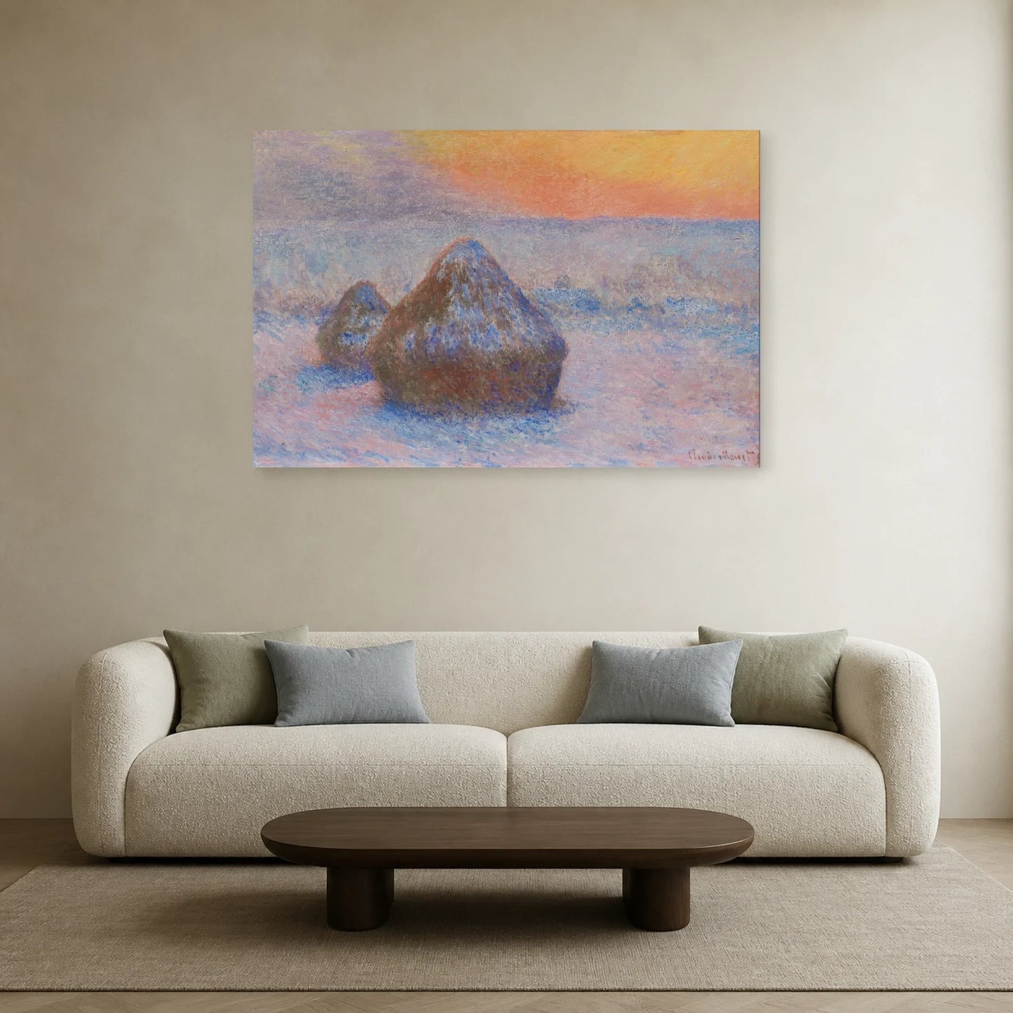 Tableau Meules, effet de neige, soleil couchant – Monet dans un salon - Art Virtuoso