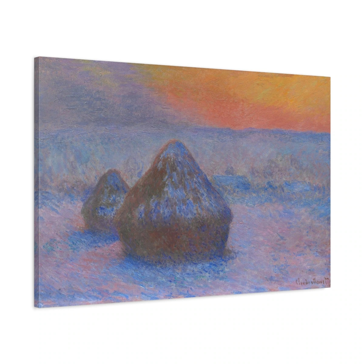 Tableau Meules, effet de neige, soleil couchant – Monet - toile 3D avec bords imprimés - Art Virtuoso