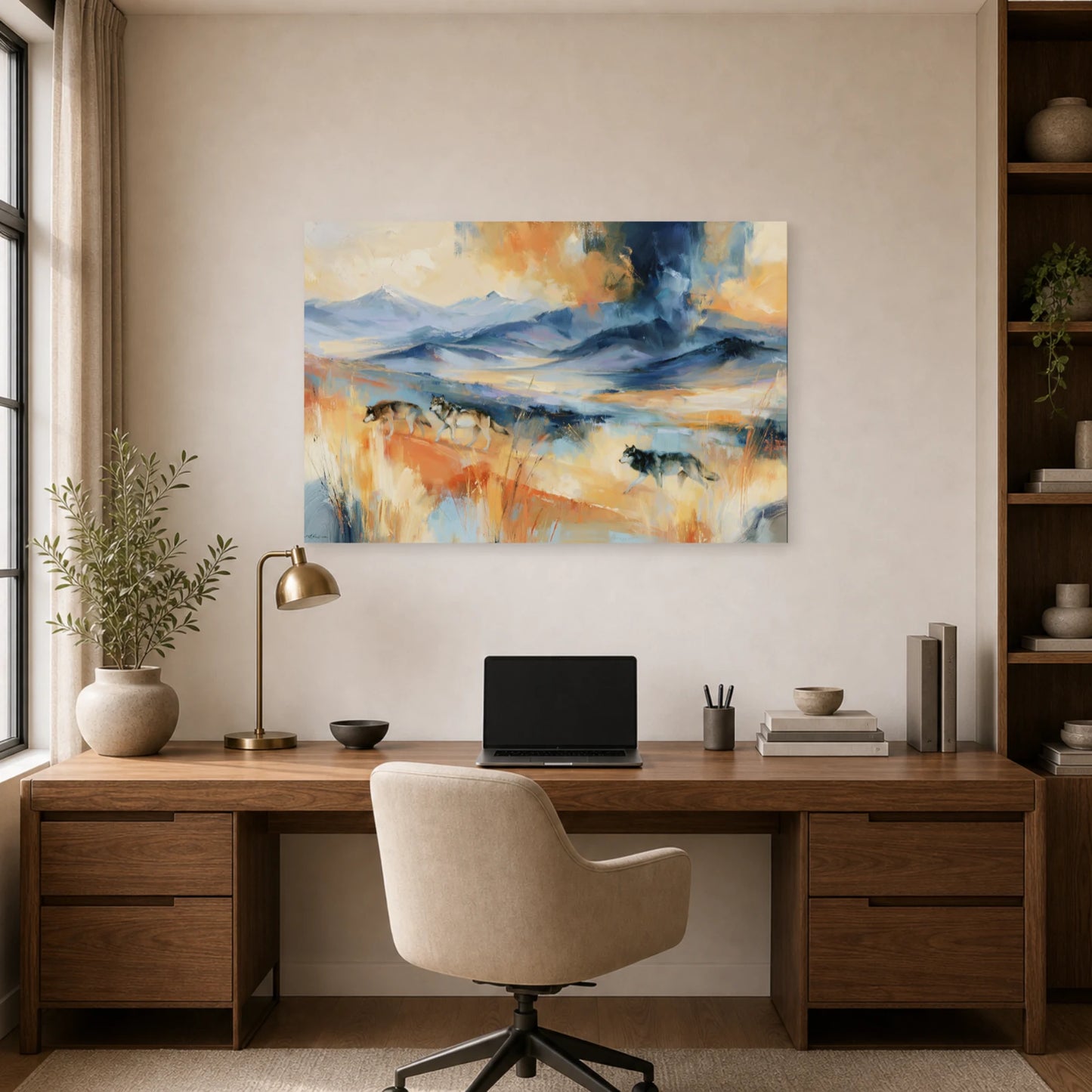 Mockup WebP Tableau Meute Loups Paysage Montagne dans un bureau - Art Virtuoso