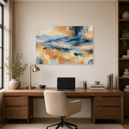 Mockup WebP Tableau Meute Loups Paysage Montagne dans un bureau - Art Virtuoso