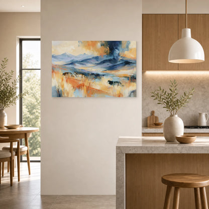 Mockup WebP Tableau Meute Loups Paysage Montagne dans une cuisine - Art Virtuoso