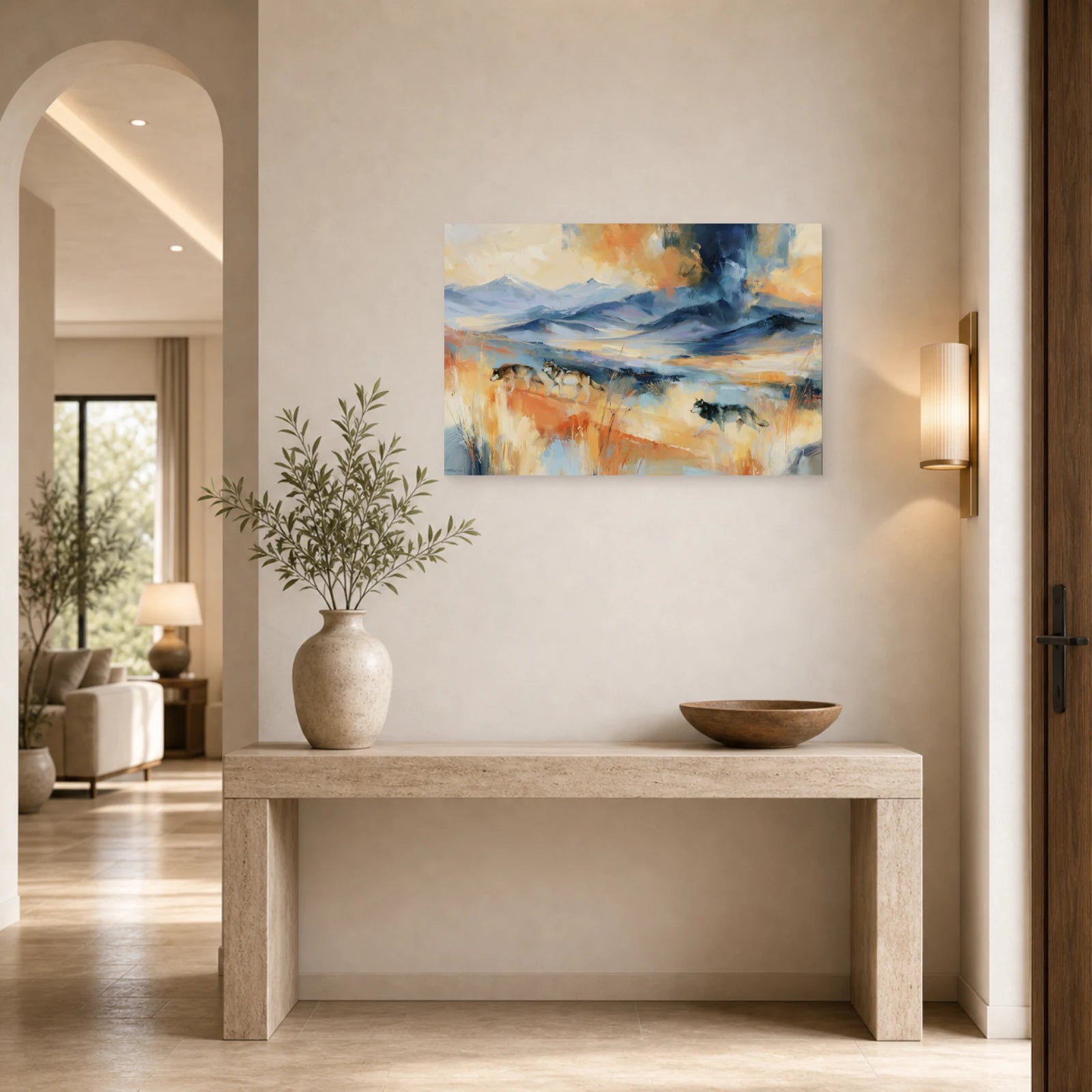 Mockup WebP Tableau Meute Loups Paysage Montagne dans une entree ou un couloir - Art Virtuoso