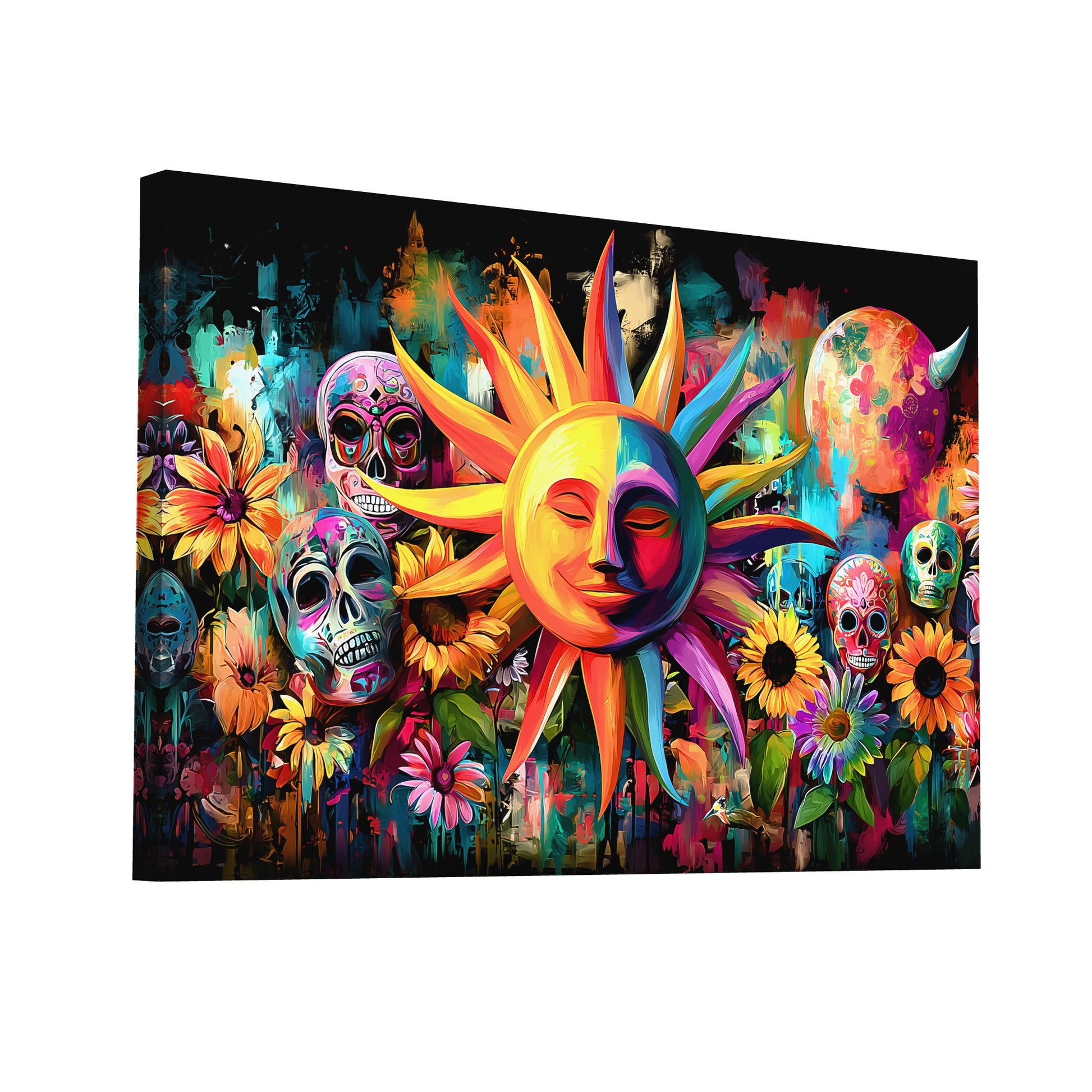 Product Hero 3D WebP Tableau Mexicain Multicolore - Soleil Sacré et Calaveras Florales - Art Virtuoso