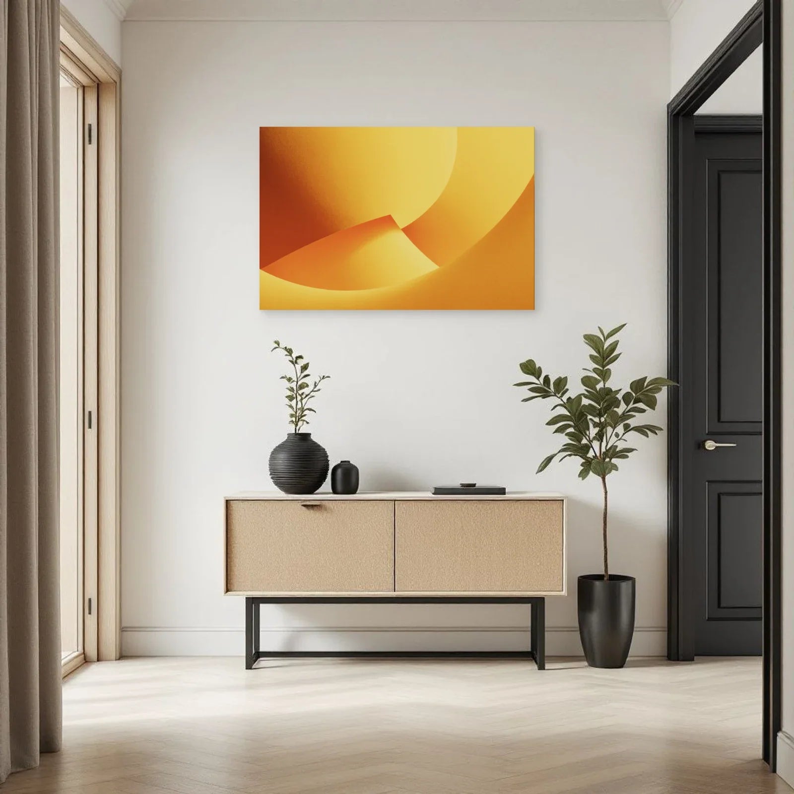 Tableau rétro moutarde au-dessus d'un meuble bas dans une entrée Art Virtuoso
