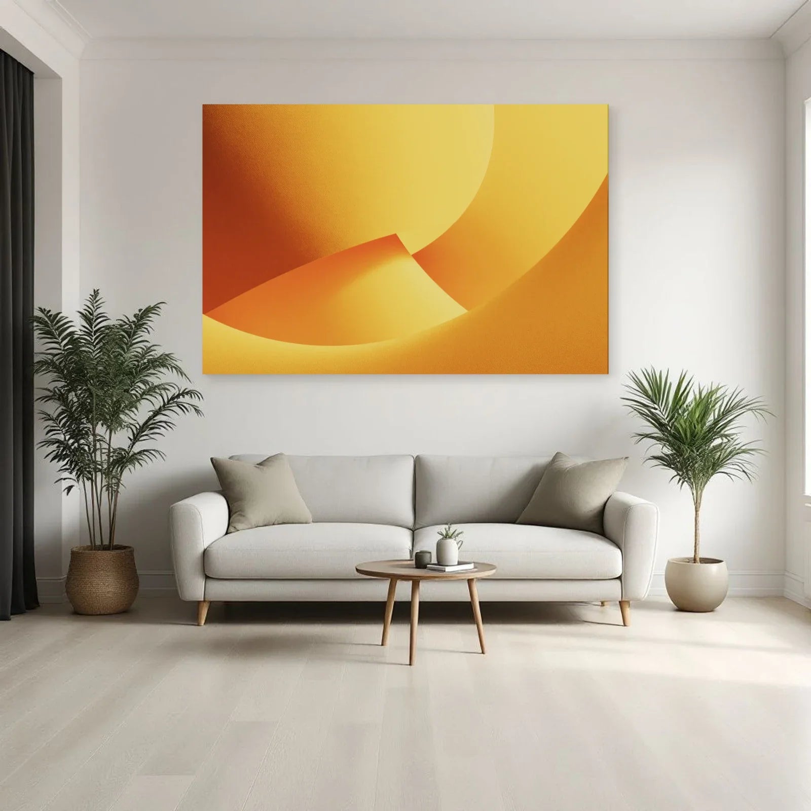Tableau mid-century jaune moutarde au-dessus d'un canapé en noyer Art Virtuoso